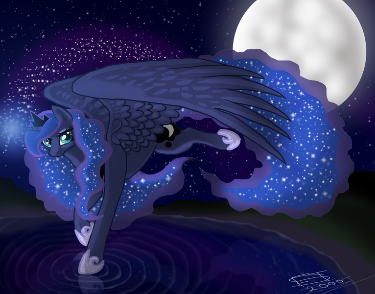 Size: 2560x2004 | Tagged: artist:freiast, derpibooru import, flying, moon, night, princess luna, ripple, safe, solo, water