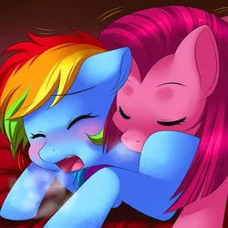 Size: 900x900 | Tagged: suggestive, artist:jacky-bunny, derpibooru import, pinkie pie, rainbow dash, blushing, breath, cute, cute porn, eyes closed, female, imminent sex, lesbian, open mouth, pinkadash, pinkamena diane pie, pinkiedash, shipping, sweat