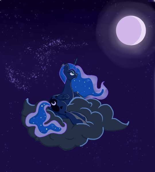 Size: 2217x2465 | Tagged: safe, artist:ink-dash, derpibooru import, princess luna, cloud, moon, night, prone, solo