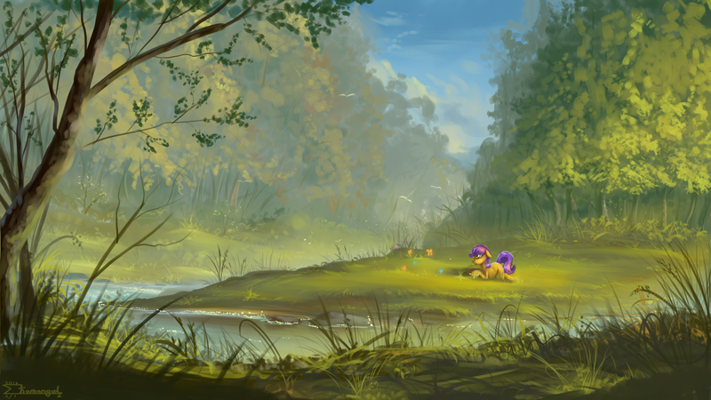 Size: 1920x1080 | Tagged: dead source, safe, artist:shamanguli, derpibooru import, oc, oc:lavender harmony, unofficial characters only, butterfly, earth pony, pony, cute, eating, female, floppy ears, flower, forest, grass, grazing, horses doing horse things, looking at something, mare, nature, ocbetes, prone, puffy cheeks, river, scenery, smiling, solo, tree, water