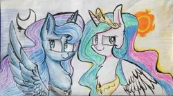 Size: 823x459 | Tagged: artist:louderpony, derpibooru import, moon, princess celestia, princess luna, safe, sun, traditional art