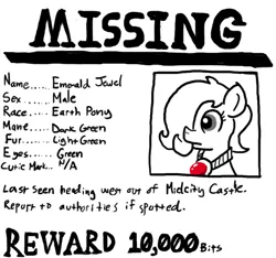 Size: 640x600 | Tagged: safe, artist:ficficponyfic, derpibooru import, oc, oc:emerald jewel, unofficial characters only, colt quest, amulet, colt, cyoa, explicit source, foal, male, missing pony, missing poster, story included, text, wanted poster, writing