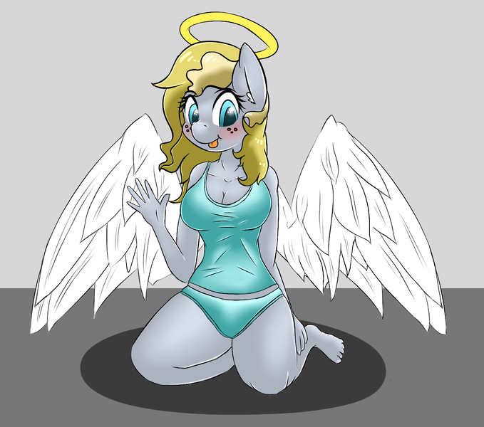 Size: 1357x1200 | Tagged: suggestive, artist:magical disaster, derpibooru import, oc, oc:evo, unofficial characters only, anthro, pegasus, plantigrade anthro, angel, anthro oc, barefoot, blonde, blue underwear, breasts, cleavage, clothes, cute, feet, female, freckles, looking at you, panties, solo, solo female, tanktop, tongue out, underwear, waving, wings