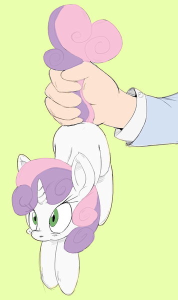 Size: 593x1000 | Tagged: safe, artist:merlos the mad, artist:purple-yoshi-draws, derpibooru import, sweetie belle, human, pony, unicorn, blushing, cute, diasweetes, fluffy, hand, holding a pony, suspended, tail hold, tail pull, wide eyes