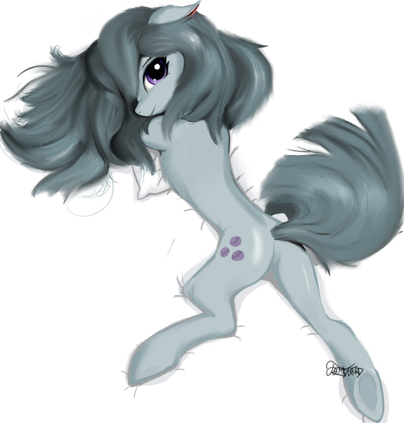 Size: 1280x1339 | Tagged: suggestive, artist:discordthege, derpibooru import, marble pie, earth pony, pony, female, looking at you, looking back, loose hair, lying, mare, pillow, plot, prone, simple background, skinny, slim, solo, solo female, sultry pose, underhoof, white background