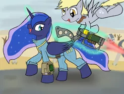 Size: 2048x1556 | Tagged: safe, artist:wingcommanderrudoji, derpibooru import, derpy hooves, princess luna, alicorn, pegasus, pony, crossover, cutie mark, dead tree, energy weapon, fallout, fallout 4, female, flying, glowing horn, gun, hooves, horn, laser rifle, levitation, magic, mare, open mouth, outdoors, pipboy, spread wings, telekinesis, tree, vault suit, wasteland, weapon, wings