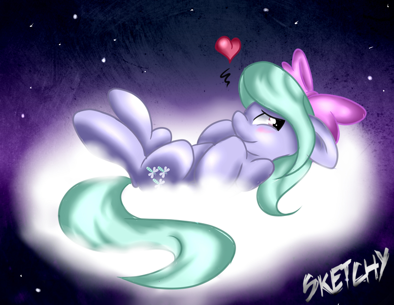 Size: 3300x2550 | Tagged: safe, artist:sketchy-the-pony, derpibooru import, flitter, pegasus, pony, blushing, bow, cloud, female, hair bow, heart, looking at you, mare, night, night sky, on back, shy, sky, solo, starry night