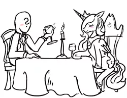Size: 582x452 | Tagged: alcohol, artist needed, black and white, blushing, candle, date, derpibooru import, food, grayscale, human, lineart, monochrome, neo noir, oc, oc:anon, partial color, princess luna, safe, wine