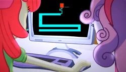 Size: 1255x718 | Tagged: safe, derpibooru import, apple bloom, sweetie belle, equestria girls, computer, exploitable meme, meme, obligatory pony, scary maze game, the crusaders browse the internet, this will end in tears