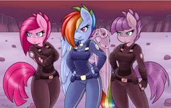 Size: 1553x980 | Tagged: safe, artist:ambris, derpibooru import, maud pie, pinkie pie, rainbow dash, anthro, earth pony, pegasus, the cutie re-mark, alternate timeline, apinkalypse pie, apocalypse dash, apocalypse maud, augmented, badass, colored pupils, crystal war timeline, female, hair over one eye, looking at you, pie sisters, pinkamena diane pie, prosthetic limb, prosthetic wing, scar, scene interpretation, siblings, sisters, trio