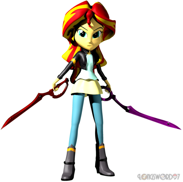 Size: 1024x1023 | Tagged: safe, artist:longsword97, derpibooru import, sunset shimmer, equestria girls, 3d, ami koshimizu, japanese, kill la kill, ryuko matoi, scissor blade, solo, source filmmaker, voice actor joke, weapon