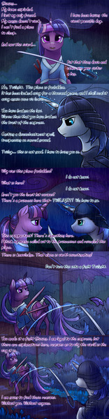 Size: 1280x4925 | Tagged: safe, artist:viwrastupr, derpibooru import, shining armor, twilight sparkle, alternate universe, armor, cloven hooves, comic, katana, martial arts, samurai twilight, sword, tail wrap, tumblr, weapon