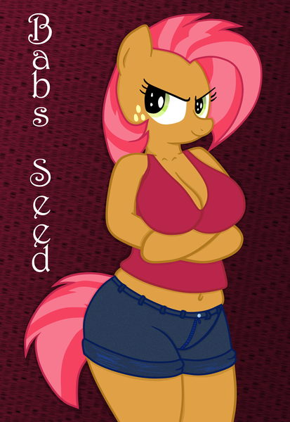 Size: 2200x3200 | Tagged: anthro, arm hooves, arm under breasts, artist:an-tonio, artist:lord waite, babs seed, belly button, breasts, busty babs seed, cleavage, clothes, colored, crossed arms, derpibooru import, female, midriff, older, shirt, shorts, solo, suggestive, tanktop