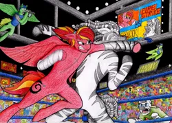 Size: 1024x734 | Tagged: anthro, artist:3vilpyro, artist:militaryponiesda, boxing, boxing ring, colored pencil drawing, derpibooru import, fight, fighter, inked and colored, mouth guard, oc, oc:fire strike, pegasus, safe, stadium, traditional art, unofficial characters only, zebra