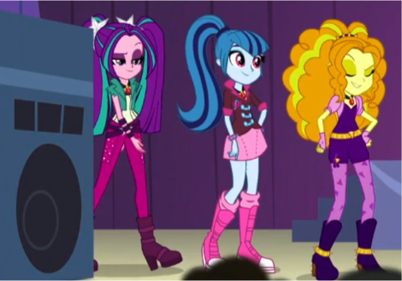 Size: 821x574 | Tagged: safe, derpibooru import, screencap, adagio dazzle, aria blaze, sonata dusk, equestria girls, rainbow rocks, eyes closed, smiling, the dazzlings, when she smiles