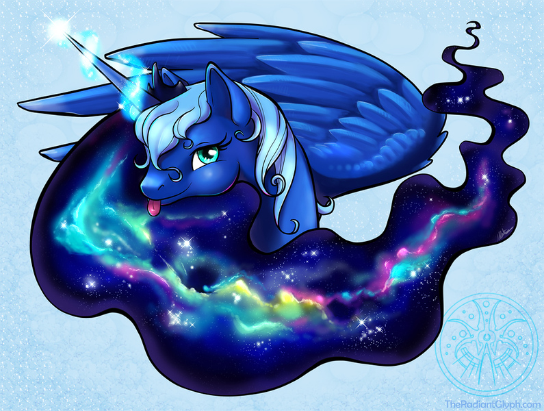 Size: 1000x755 | Tagged: safe, artist:radiantglyph, derpibooru import, princess luna, s1 luna, solo, space, tongue out