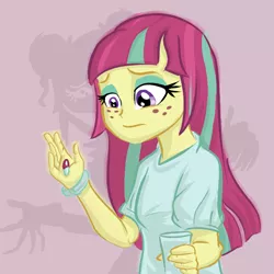 Size: 800x800 | Tagged: safe, artist:kul, derpibooru import, sour sweet, equestria girls, friendship games, bipolar, crystal prep shadowbolts, depression, drugs, glass of water, medication, medicine, pills, sad, shadow, solo