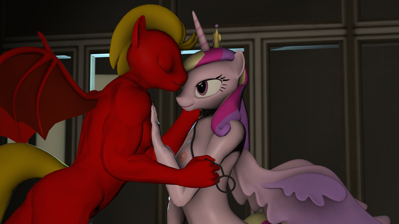 Size: 1920x1080 | Tagged: questionable, artist:generalthunderbat, derpibooru import, princess cadance, oc, oc:descension, anthro, bat pony, 3d, breasts, canon x oc, collar, eyes closed, female, forehead kiss, infidelity, kissing, leash, male, nipples, nudity, pet play, shipping, source filmmaker, straight