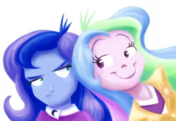 Size: 576x396 | Tagged: safe, artist:wigmania, derpibooru import, princess celestia, princess luna, equestria girls, c:, clothes, cute, cutelestia, faic, frown, glare, humanized, luna is not amused, principal celestia, simple background, smiling, smirk, trollestia, unamused, vice principal luna, white background