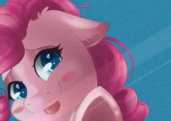 Size: 1024x724 | Tagged: safe, artist:chiweee, derpibooru import, pinkie pie, blushing, cheek fluff, cute, diapinkes, ear fluff, heart eyes, looking at you, smiling, solo, tongue out, underhoof, wingding eyes