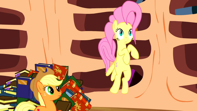 Size: 1280x720 | Tagged: applejack, book, derpibooru import, fluttershy, great moments in animation, magic duel, safe, screencap