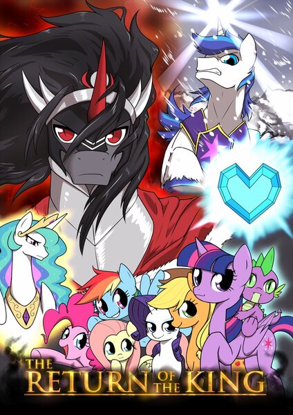 Size: 752x1063 | Tagged: safe, artist:commissarbu, derpibooru import, applejack, fluttershy, king sombra, pinkie pie, princess celestia, rainbow dash, rarity, shining armor, spike, twilight sparkle, twilight sparkle (alicorn), ponified, alicorn, pony, crystal heart, female, lord of the rings, mane seven, mane six, mare, return of the king