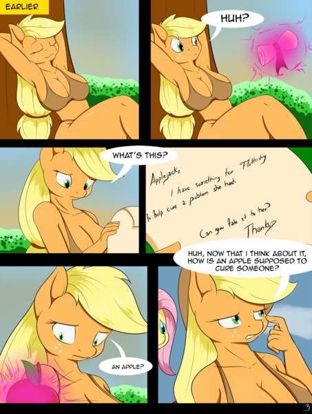 Size: 1700x2251 | Tagged: questionable, artist:suirano, derpibooru import, applejack, fluttershy, anthro, comic:temptation, apple, arm behind head, armpits, big breasts, breasts, busty applejack, cleavage, clothes, comic, dialogue, female, food, image, letter, png, speech bubble, temptation tales 2