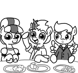 Size: 640x600 | Tagged: safe, artist:ficficponyfic, derpibooru import, oc, oc:shock top, pegasus, pony, unicorn, colt quest, bowtie, clothes, colt, cyoa, dress, explicit source, filly, foal, food, jello, male, party, plate, plates, stallion, story included, suit, table