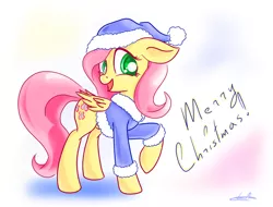 Size: 1024x778 | Tagged: safe, artist:freeedon, derpibooru import, fluttershy, pegasus, pony, christmas, clothes, coat, cute, female, floppy ears, folded wings, hat, head turn, looking at you, mare, merry christmas, open mouth, raised hoof, shyabetes, simple background, smiling, solo, standing, white background, wings, winter coat, winter hat, winter outfit