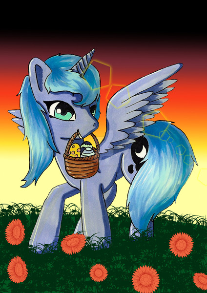 Size: 1600x2263 | Tagged: artist:panhaukatze, basket, dawn, derpibooru import, easter, easter egg, egg, flower, mouth hold, princess luna, s1 luna, safe, solo, spread wings, traditional art, twilight (astronomy), watermark
