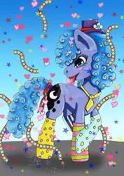 Size: 1600x2263 | Tagged: safe, artist:panhaukatze, derpibooru import, princess luna, clothes, confetti, hat, s1 luna, socks, solo, streamers, tail wrap, tongue out, traditional art, watermark