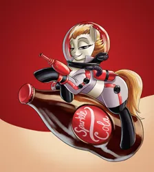 Size: 1074x1200 | Tagged: suggestive, artist:mistermech, derpibooru import, oc, unofficial characters only, earth pony, pony, fallout equestria, advertisement, astronaut, bedroom eyes, blaster, bottle, clothes, fallout 4, female, food, gun, jetpack, latex, midriff, nuka cola, nuka girl, pistol, pop, propaganda, retro, soda, solo, solo female, space helmet, spacesuit, sparkle cola, straddling, suit, zeerust