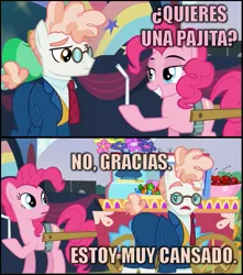 Size: 647x732 | Tagged: derpibooru import, drinking straw, edit, fernando the straw, image macro, implied masturbation, innuendo, meme, pinkie pie, pink text, pun, safe, screencap, spanish, svengallop, the mane attraction