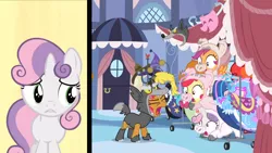 Size: 1152x648 | Tagged: safe, derpibooru import, screencap, apple bloom, babs seed, scootaloo, sweetie belle, pig, pony, wolf, one bad apple, babs seed song, big babs wolf, clothes, costume, cutie mark crusaders, pig costume, three little pigs, wolf costume