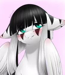 Size: 1024x1167 | Tagged: artist:noodlefreak88, black and white, blushing, cute, derpibooru import, eye contact, floppy ears, gradient background, grayscale, hybrid, oc, oc:laura the zony, safe, solo, unofficial characters only, zony