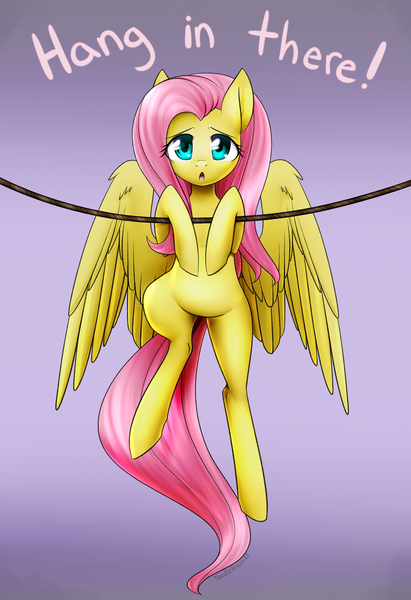 Size: 3900x5700 | Tagged: safe, artist:noodlefreak88, derpibooru import, fluttershy, pegasus, pony, cute, hang in there, looking at you, motivational poster, rope, shyabetes, solo