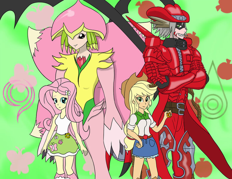 Size: 1018x785 | Tagged: safe, artist:omnimon1996, derpibooru import, applejack, fluttershy, equestria girls, digimon, lilamon, magnakidmon