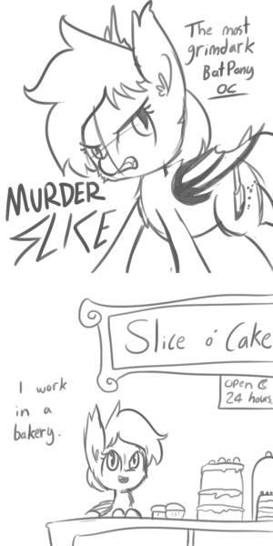 Size: 792x1584 | Tagged: safe, artist:tjpones, derpibooru import, oc, oc:murder slice, unofficial characters only, bat pony, pony, bait and switch, bakery, black and white, cake, comic, cupcake, cute, derp, dialogue, ear fluff, edgy, food, frown, glare, grayscale, grimcute, grimderp, gritted teeth, knife, looking at you, monochrome, open mouth, smiling, solo