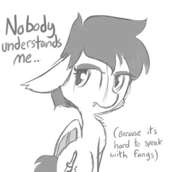 Size: 792x792 | Tagged: safe, artist:tjpones, derpibooru import, oc, oc:murder slice, unofficial characters only, bat pony, pony, bait and switch, dialogue, eyeshadow, fangs, floppy ears, fluffy, frown, grayscale, looking away, makeup, monochrome, sad, simple background, sitting, solo, white background