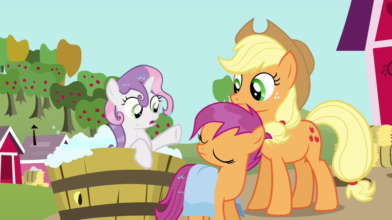 Size: 1280x720 | Tagged: safe, derpibooru import, screencap, applejack, scootaloo, sweetie belle, earth pony, pegasus, pony, unicorn, one bad apple, apple tree, bath, bathing, bathing together, bubble, cute, cutealoo, eyes closed, female, filly, freckles, mare, outdoor bathing, outdoors, raised hoof, towel, tree, washtub, wet, wet mane