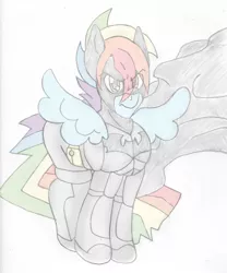 Size: 1592x1917 | Tagged: artist:blackbewhite2k7, batman, batman begins, crossover, derpibooru import, rainbow blitz, rainbow dash, rule 63, safe, sketch, solo, wip