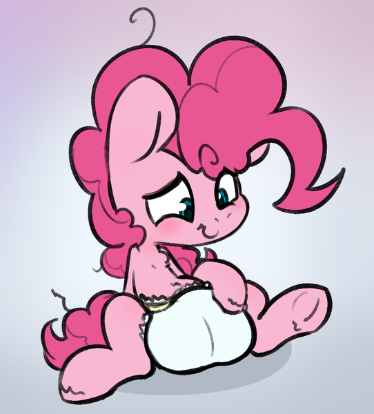 Size: 815x903 | Tagged: artist:ariot, blushing, chest fluff, cute, derpibooru import, diaper, diaper fetish, female, pinkie pie, poofy diaper, questionable, simple background, sitting, smiling, solo, solo female, underhoof