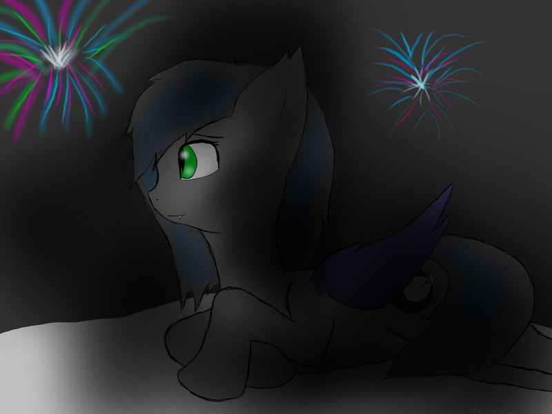 Size: 1600x1200 | Tagged: safe, artist:eclipsepenumbra, derpibooru import, oc, oc:eclipse penumbra, unofficial characters only, bat pony, pony, cutie mark, female, fireworks, green eyes, new year, night, smiling, snow