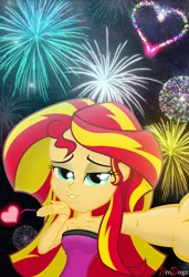 Size: 1499x2187 | Tagged: suggestive, artist:brodogz, derpibooru import, sunset shimmer, equestria girls, 2016, bedroom eyes, blowing a kiss, clothes, commission, female, fireworks, happy new year, happy new year 2016, heart, selfie, solo, solo female