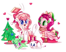 Size: 1024x819 | Tagged: safe, artist:ipun, derpibooru import, oc, oc:cream, oc:gadget, oc:pompom merengue, oc:precious metal, unofficial characters only, earth pony, pegasus, pony, blushing, chibi, christmas tree, clothes, female, hat, heart, heart eyes, mare, open mouth, present, santa hat, scarf, simple background, smiling, tree, white background, wingding eyes
