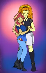 Size: 759x1200 | Tagged: safe, artist:kaemantis, deleted from derpibooru, derpibooru import, adagio dazzle, sunset shimmer, human, equestria girls, adoragio, cute, female, height difference, humanized, image, jpeg, lesbian, shimmerbetes, shipping, sunsagio