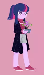 Size: 880x1500 | Tagged: safe, artist:magneticskye, derpibooru import, part of a set, twilight sparkle, equestria girls, alternate hairstyle, clothes, flower, flower pot, lineless, shorts, simple background, solo