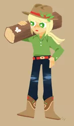 Size: 880x1500 | Tagged: safe, artist:magneticskye, derpibooru import, part of a set, applejack, equestria girls, alternate hairstyle, boots, clothes, flower, hat, jeans, lineless, log, pants, simple background, solo