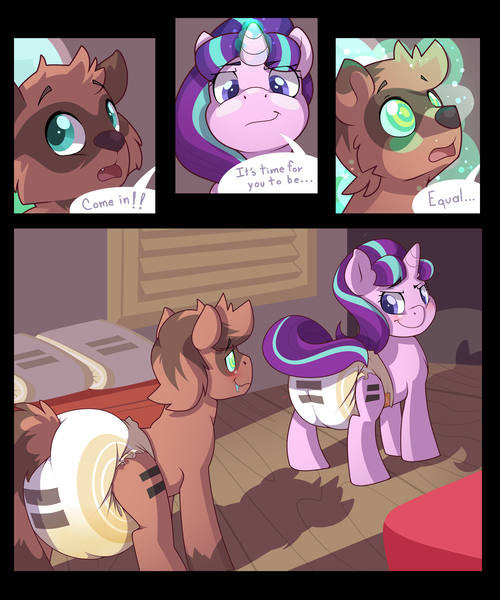 Size: 5000x6000 | Tagged: absurd resolution, artist:cuddlehooves, comic, derpibooru import, diaper, diaper fetish, equal cutie mark, equal sign, furry, hypnosis, imminent butt kissing, kiss my ass, oc, oc:radix, pissing, plot, poofy diaper, questionable, raccoon pony, species swap, starlight glimmer, transformation, urine, watersports, wet diaper, wetting