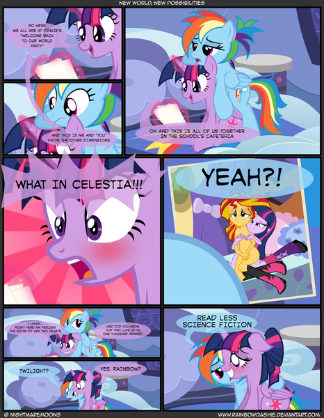 Size: 1600x2060 | Tagged: questionable, artist:nightmaremoons, derpibooru import, rainbow dash, sunset shimmer, twilight sparkle, twilight sparkle (alicorn), equestria girls, alternate hairstyle, blushing, breasts, comic, delicious flat chest, female, human ponidox, lesbian, misspelling, nipples, nudity, shipping, shoes only, show accurate, show accurate porn, sunflat shimmer, sunsetsparkle, twidash
